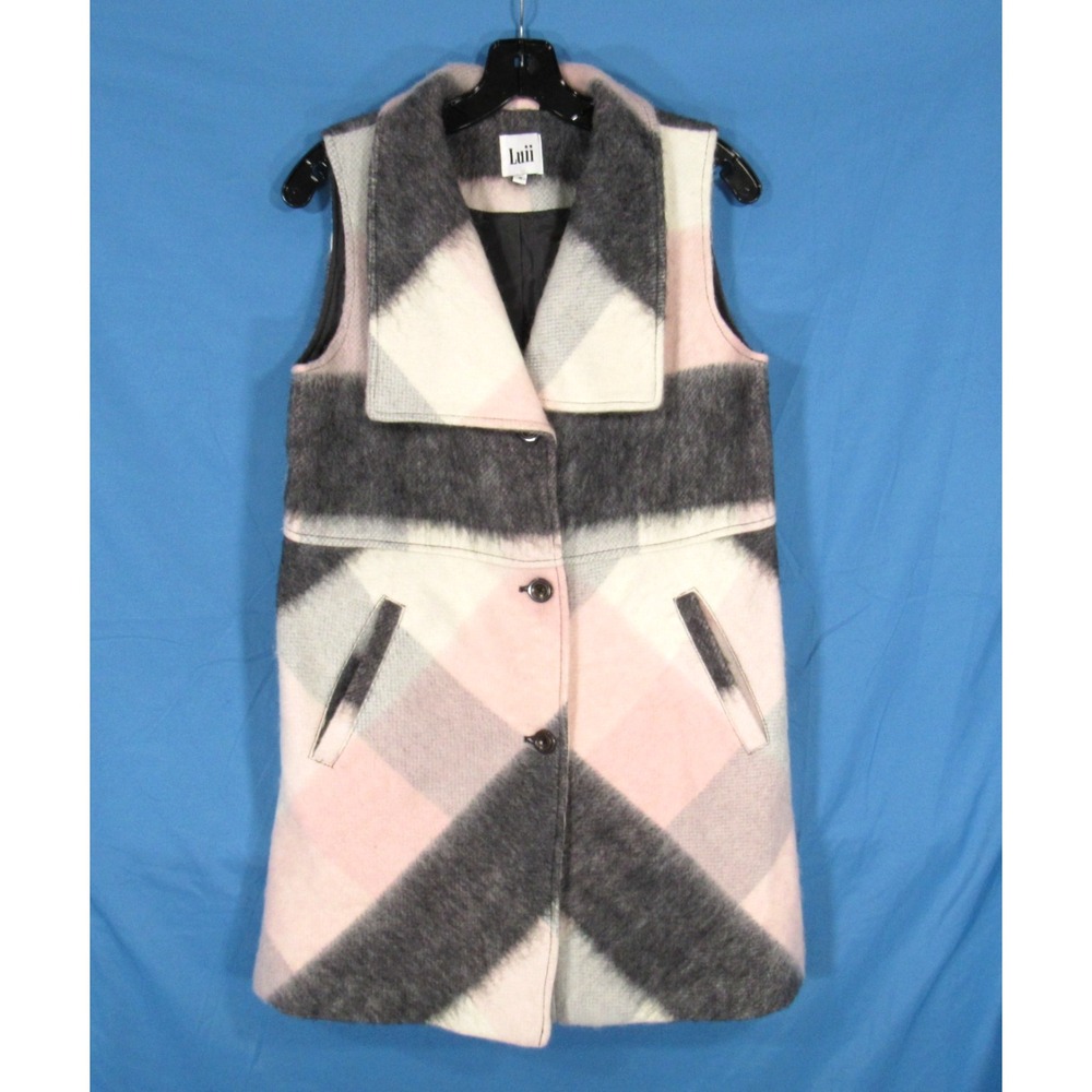 LUII ANTHROPOLOGIE Pink/Gray WOOL BLEND Slant Pockets BUFFALO PLAID VEST Sz S